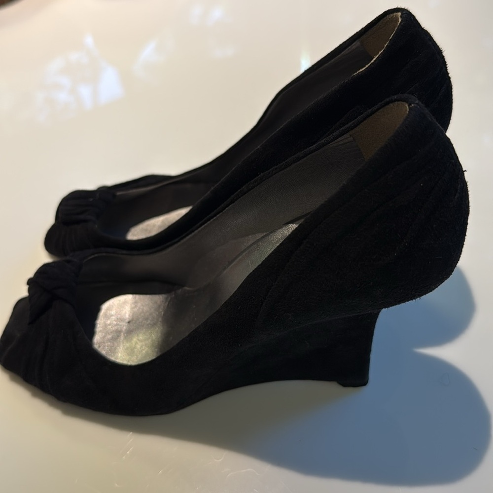 Prada Black suede open toe wedge heels